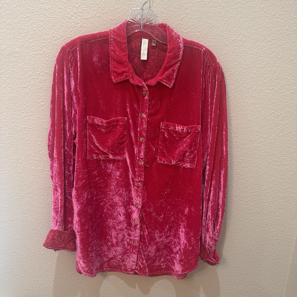 Anthropologie Pilcro Hadley Hot Pink Velvet Relaxed Button Up Shirt Top‎ 8 Boho